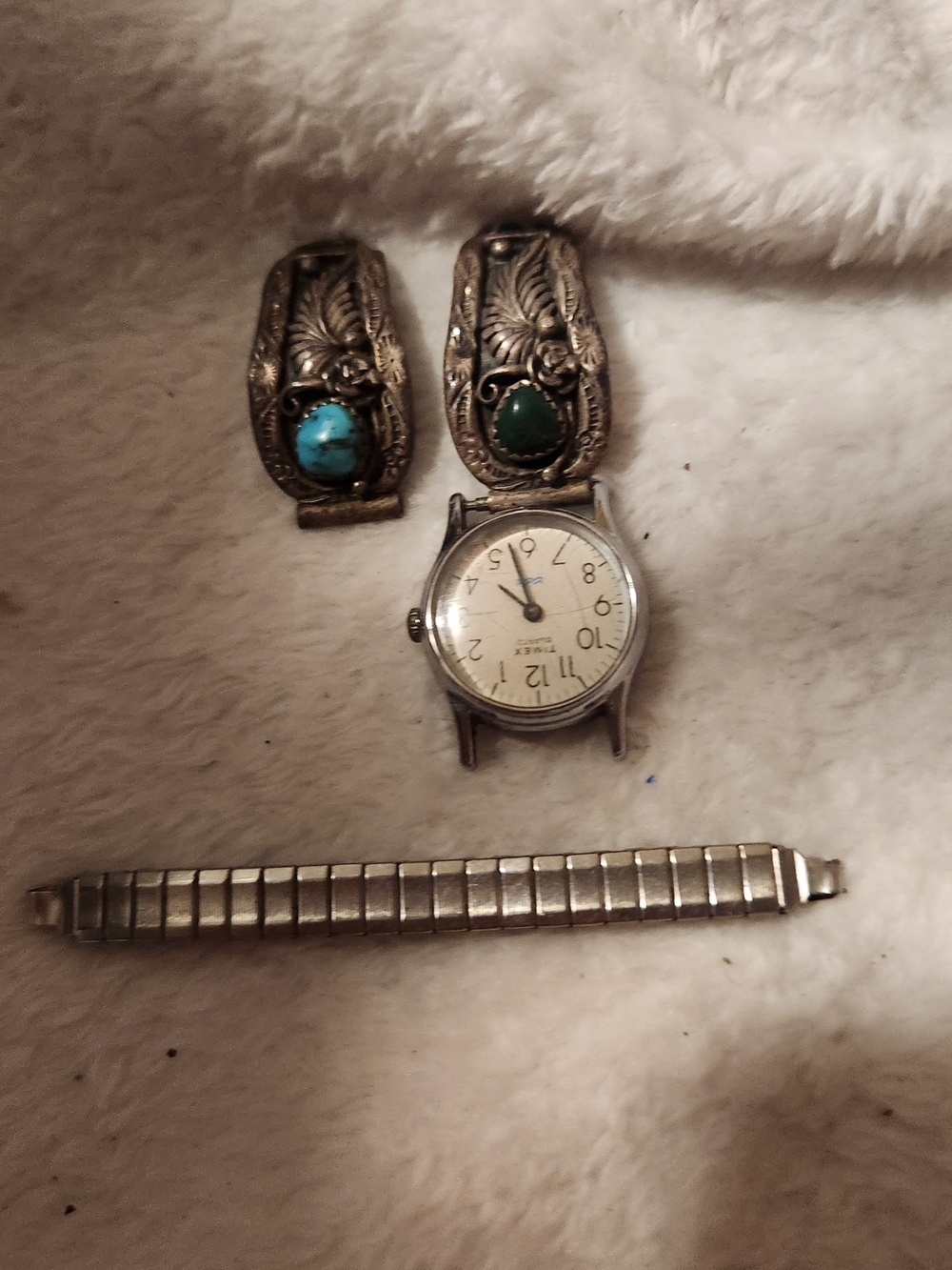 Vintage Turquoise Accent Men's Watch Band Inserts with Silver Stretch Bracelet